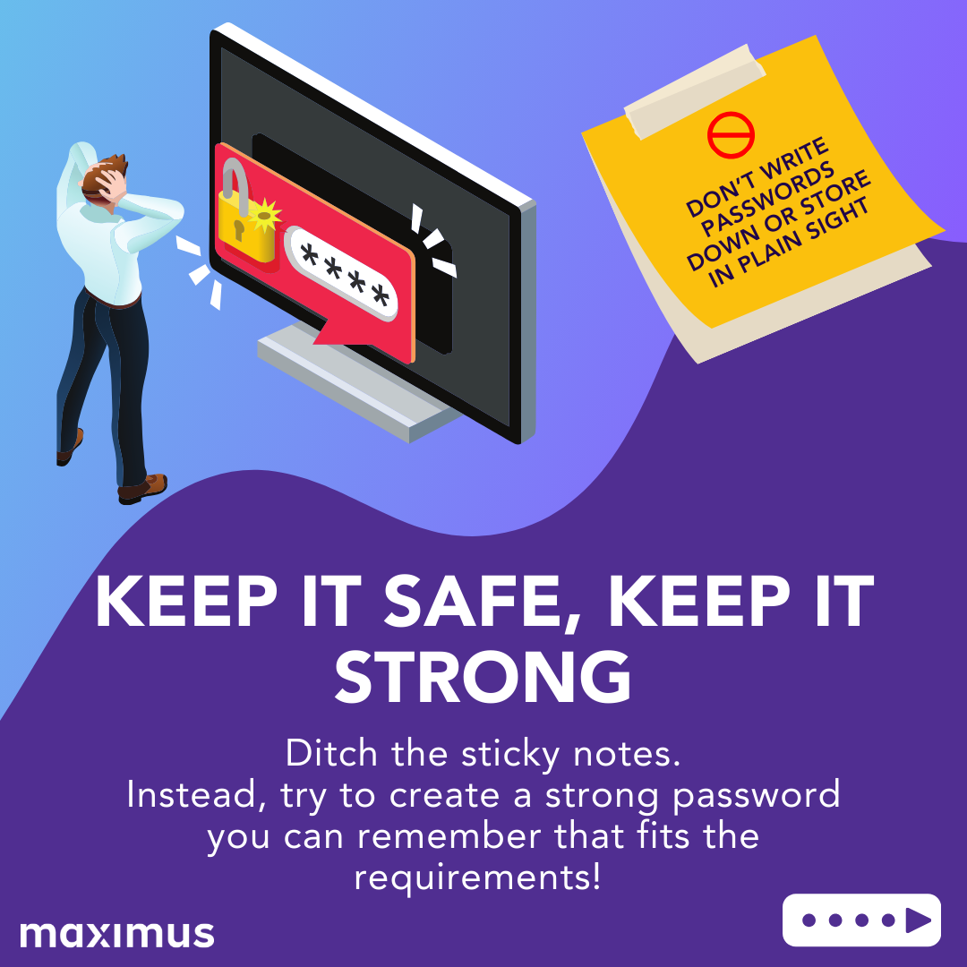Job aid graphic — keep passwords strong and out of plain sight