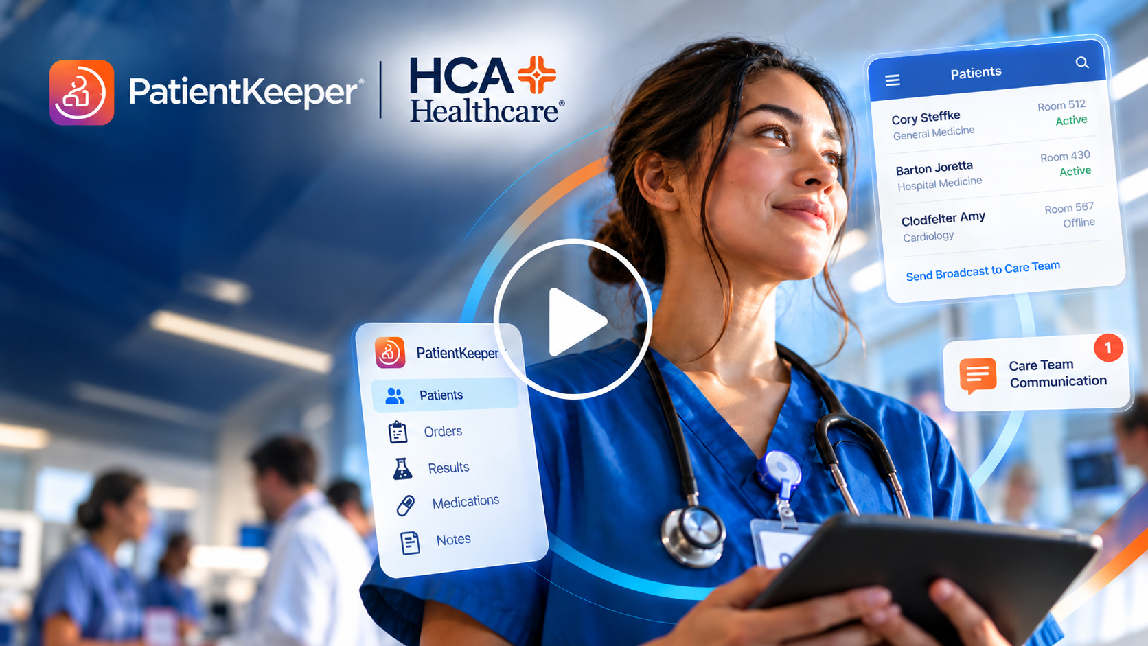 Mobile Heartbeat instructional promo video cover — PatientKeeper and HCA Healthcare app overview with play button